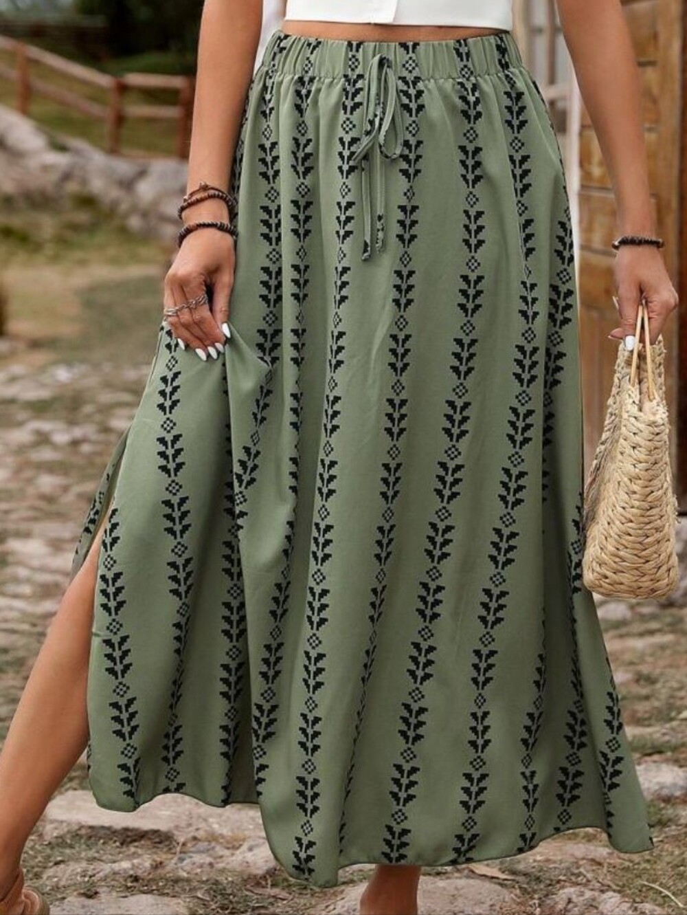 SHEIN Olive Green Embroidered Pattern Midi Skirt